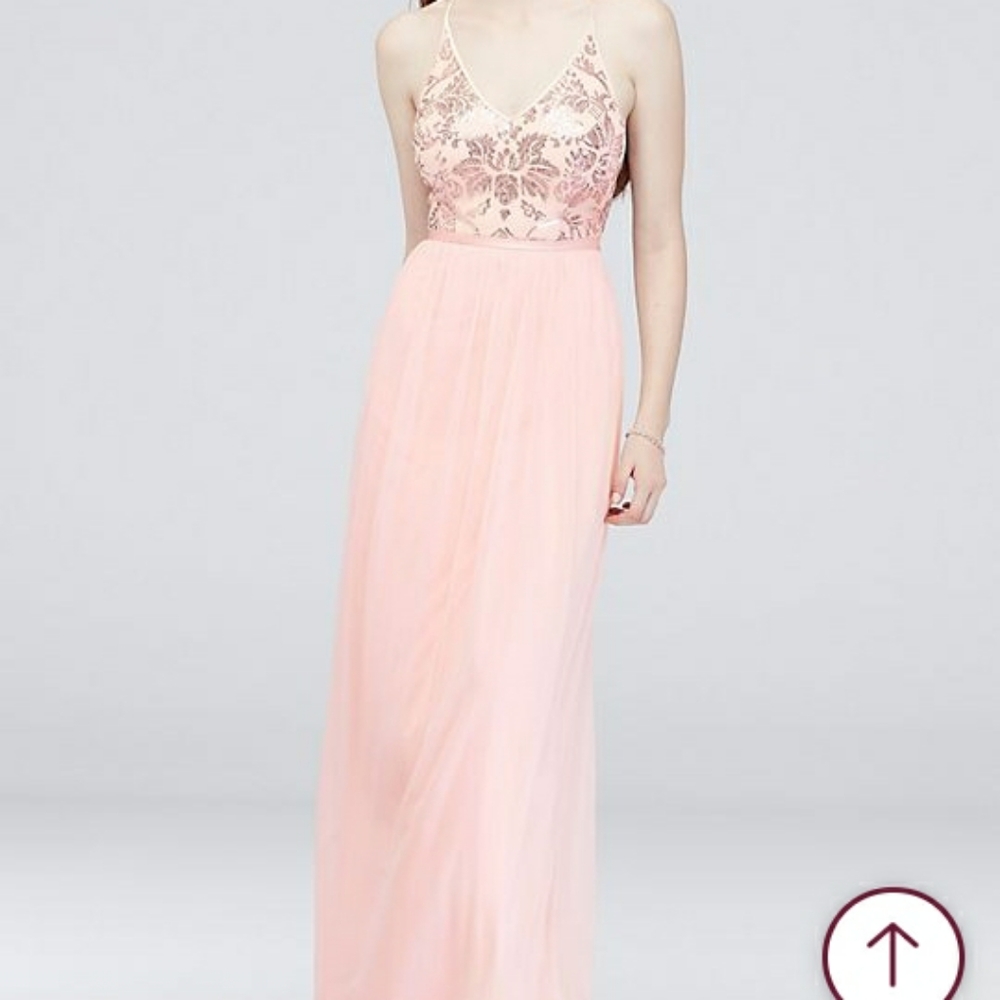 David's Bridal romantic sequin bodice v-neck gown with sheer mesh skirt